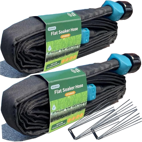FRKSMD-2026 Flat Soaker Hose 20 ft wth Stakes for Garden, 10ft x 2 Linkable Drip Hose Diy Garden Irrigation System Saving 80% Water, Dual-layer Leak-free Design Water Hose with Holes