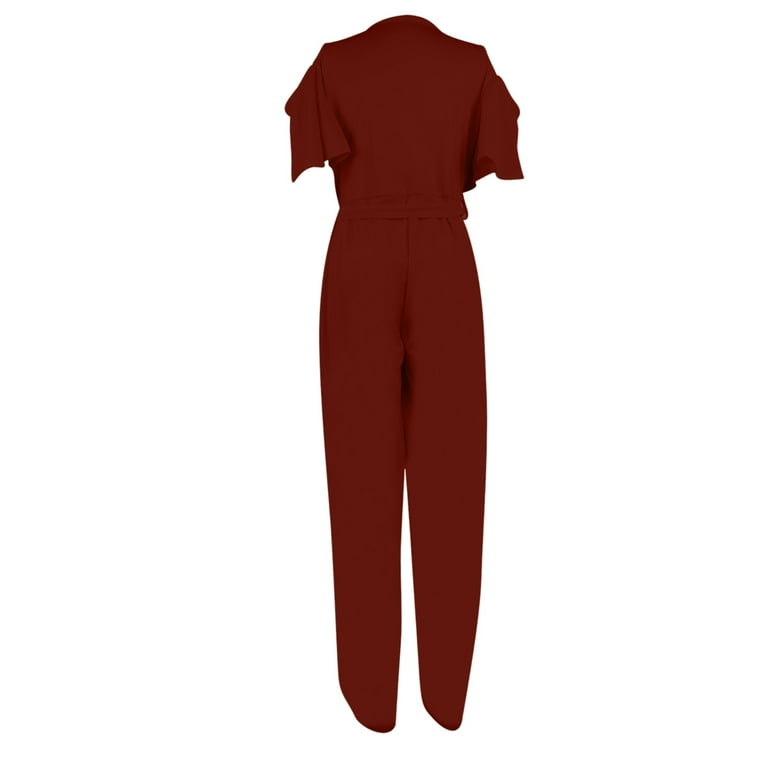 Tuphregyow Women s Leisure Jumpsuits Relaxed Stretch Lounge Fall Jumpsuits Casual Dressy High Waist Jumpsuit Romper Deep V Neck Long Sleeve Off Shoulder Solid Color Trendy Wine XXL Walmart