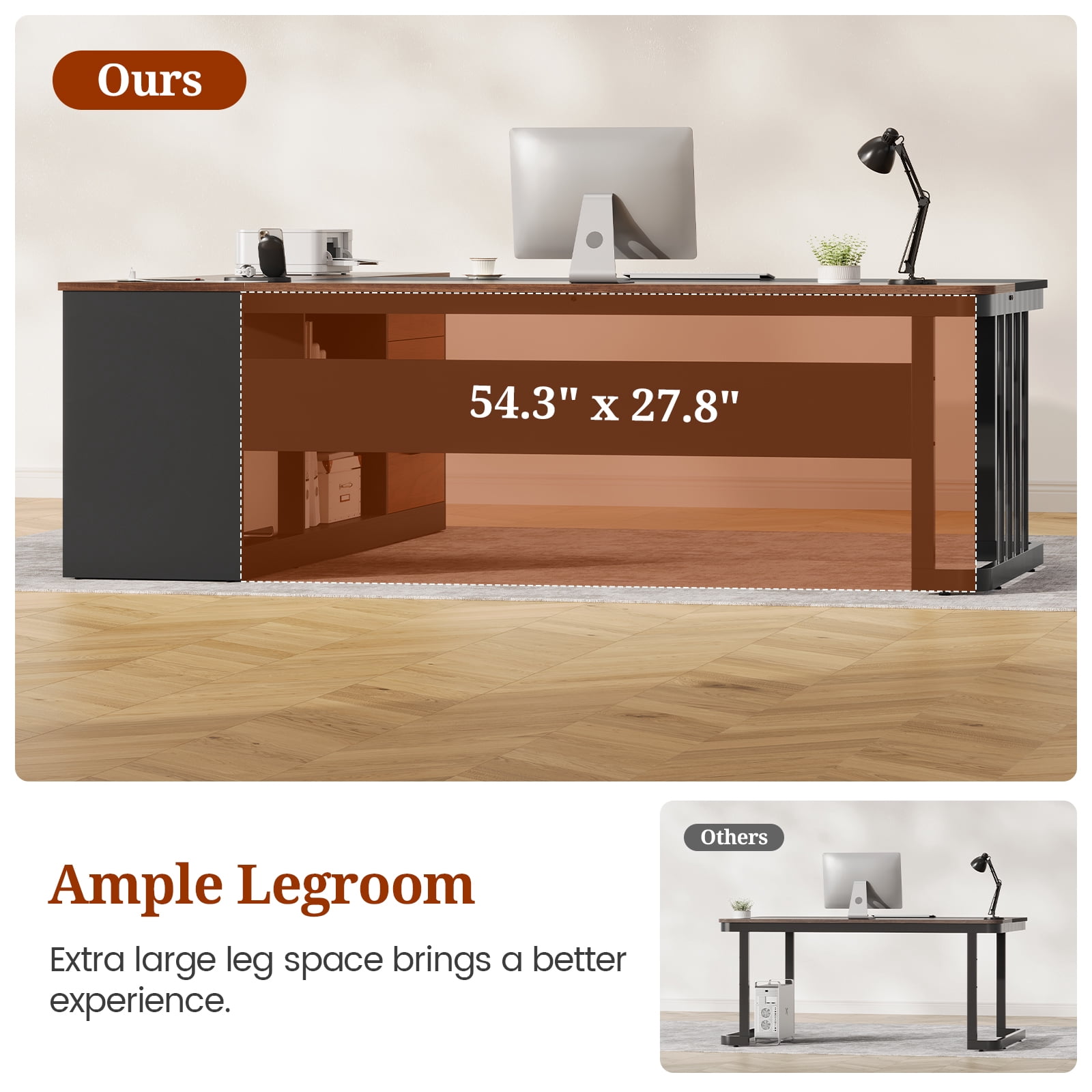 71" Executive Desk, L Shaped Computer Desk with Power Outlets, Corner Office Desk with 3 Drawers, Business Furniture Desk, Walnut