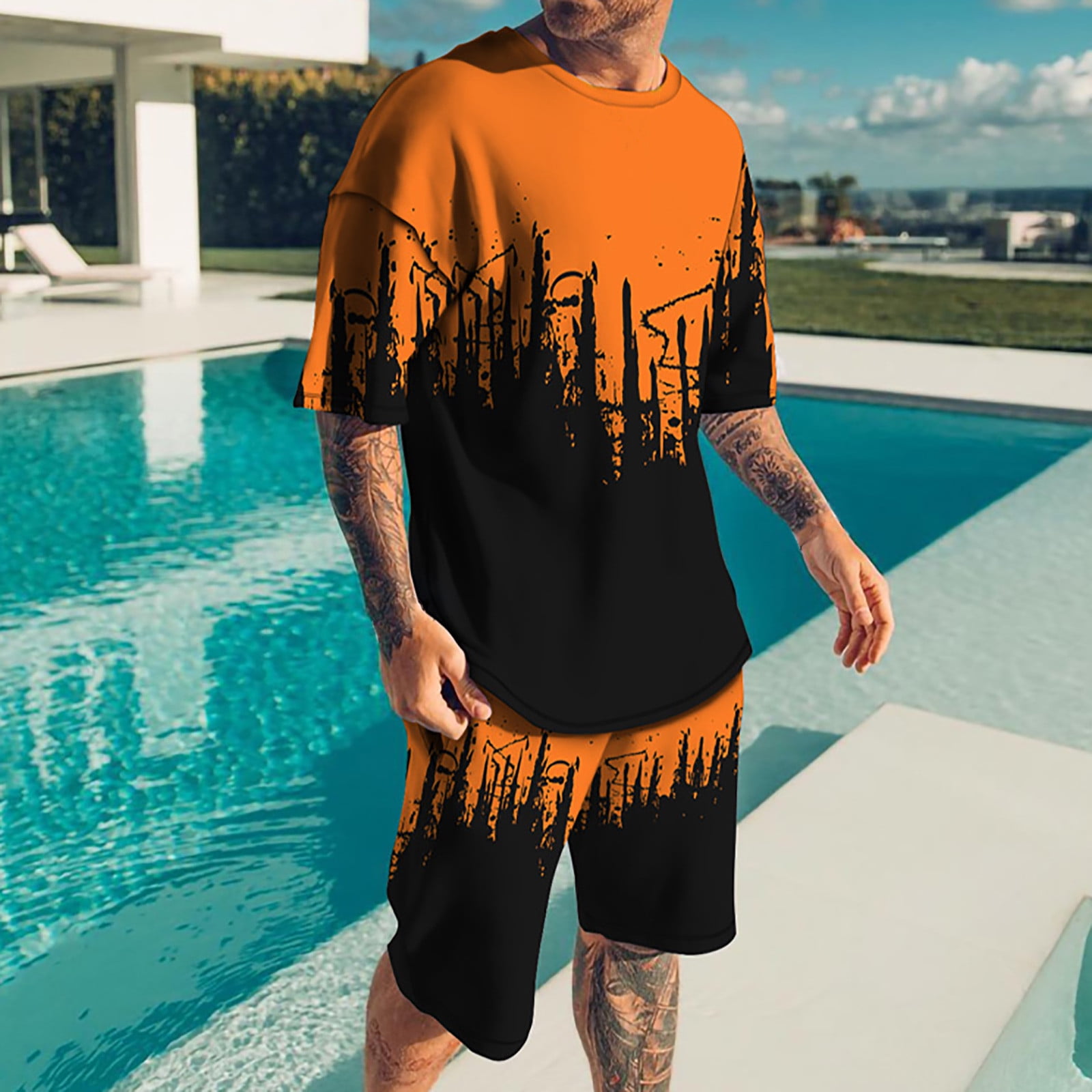 Mens Activewear Sets Summer 2 Piece Set Plus Size Jogging Suits Fashion 3D Short Sleeve top and Shorts Sweatsuit Set 