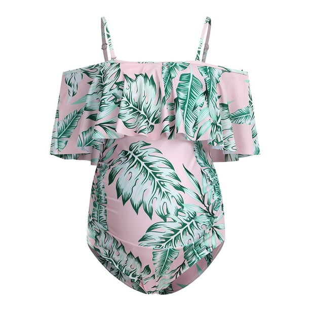 Lolmot Maternity Tankinis Women Ruffles Leaf Bikinis Swimsuit Beachwear  Pregnant Suit