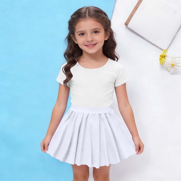 hengsof Girls' Summer Fashionable Solid Color Pleated Casual Midi Skirt Children's Elastic Waist Dance Practice Clothes