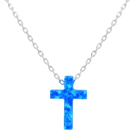 Created Blue Opal Cross Pendant in Sterling Silver