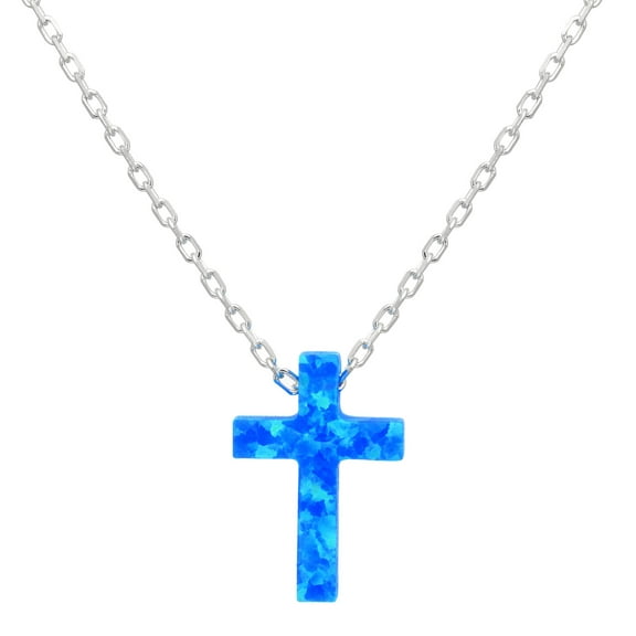 Created Blue Opal Cross Pendant in Sterling Silver