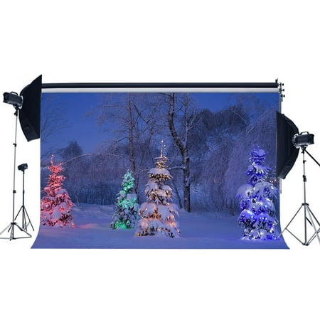 Image of MOHome 7x5ft Photography Backdrop Christmas Tree Shining Lights Forest Snow Covered Landscape Winter Scene Xmas Backdrops for Baby Kids Adults Happy New Year Background Photo Studio Props