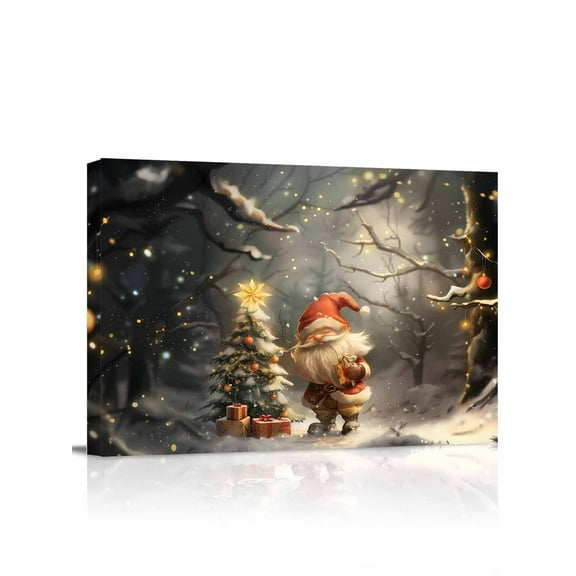 Christmas Canvas Print Wall Art Framed Canvas Art Wall Decor Santa's Elves Forest Snowfall Evergreen Pictures Painting Morden Artwork for Living Room Bedroom, Ready to Hang - 12"x16"