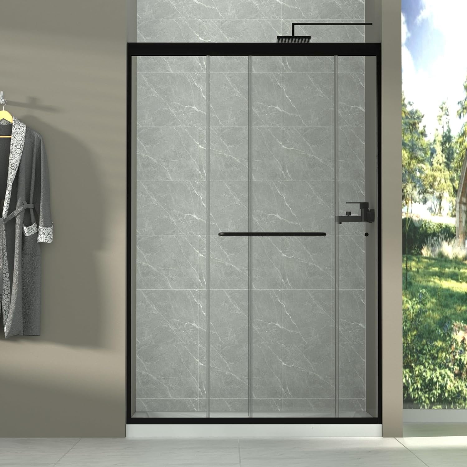 44-48" W x 72" H Semi-Frameless Sliding Glass Shower Door,  Matte Black Finish Shower Door with 1/4'' (6mm) Clear SGCC Tempered Glass