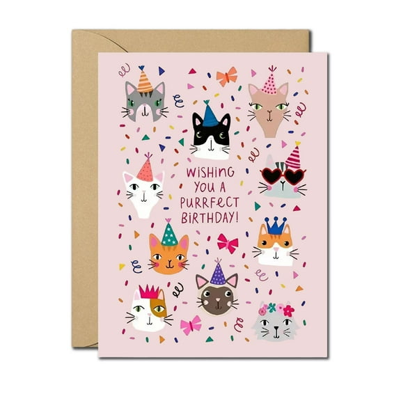 Purrfect Birthday Card for Cat Lovers - Adorable Cat Designs with Fun Party Hats - Blank Inside