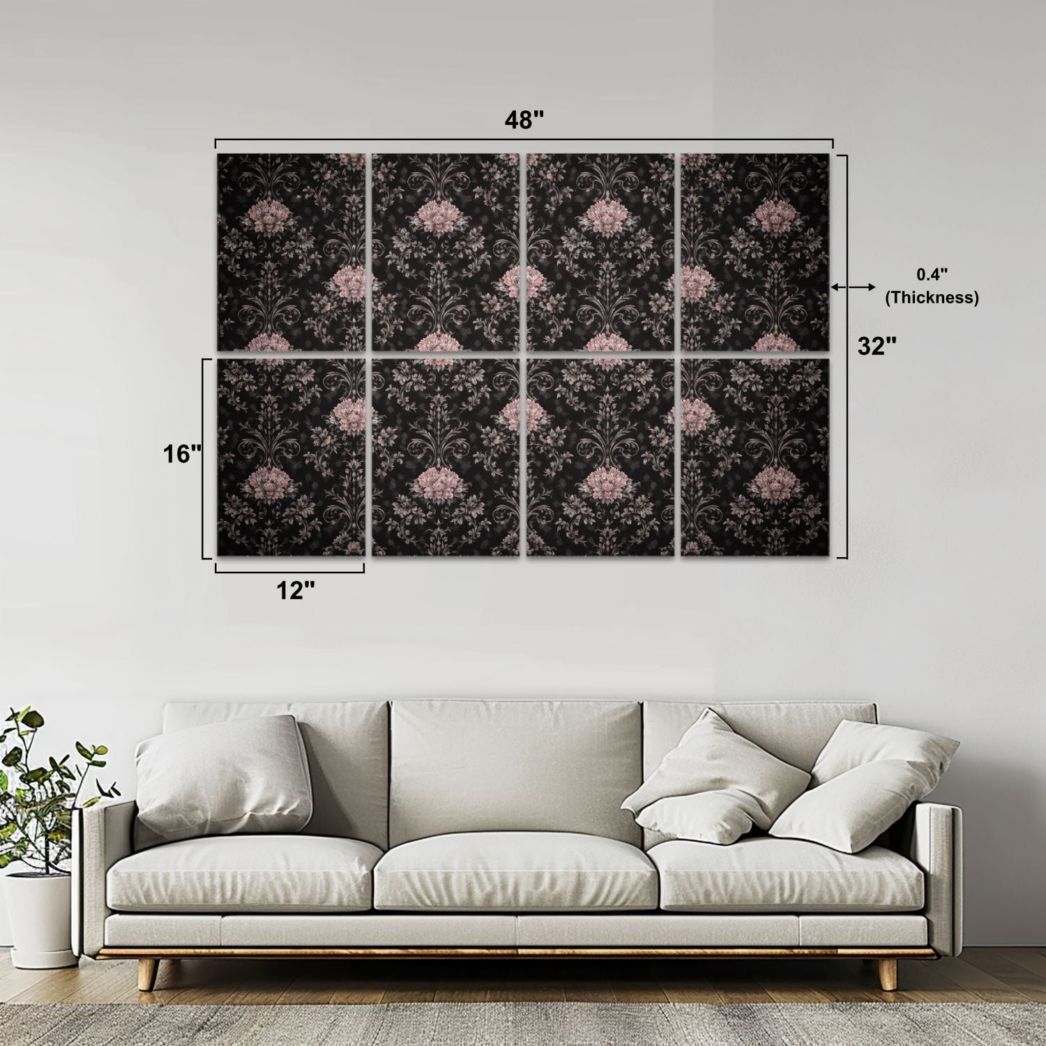 8 Pack Art Acoustic Panels Sound Absorbing black vicorian retro floral texture Decorative Soundproof Wall Panels Self Adhesive for Nursery Game Room Bedroom 48"x32"