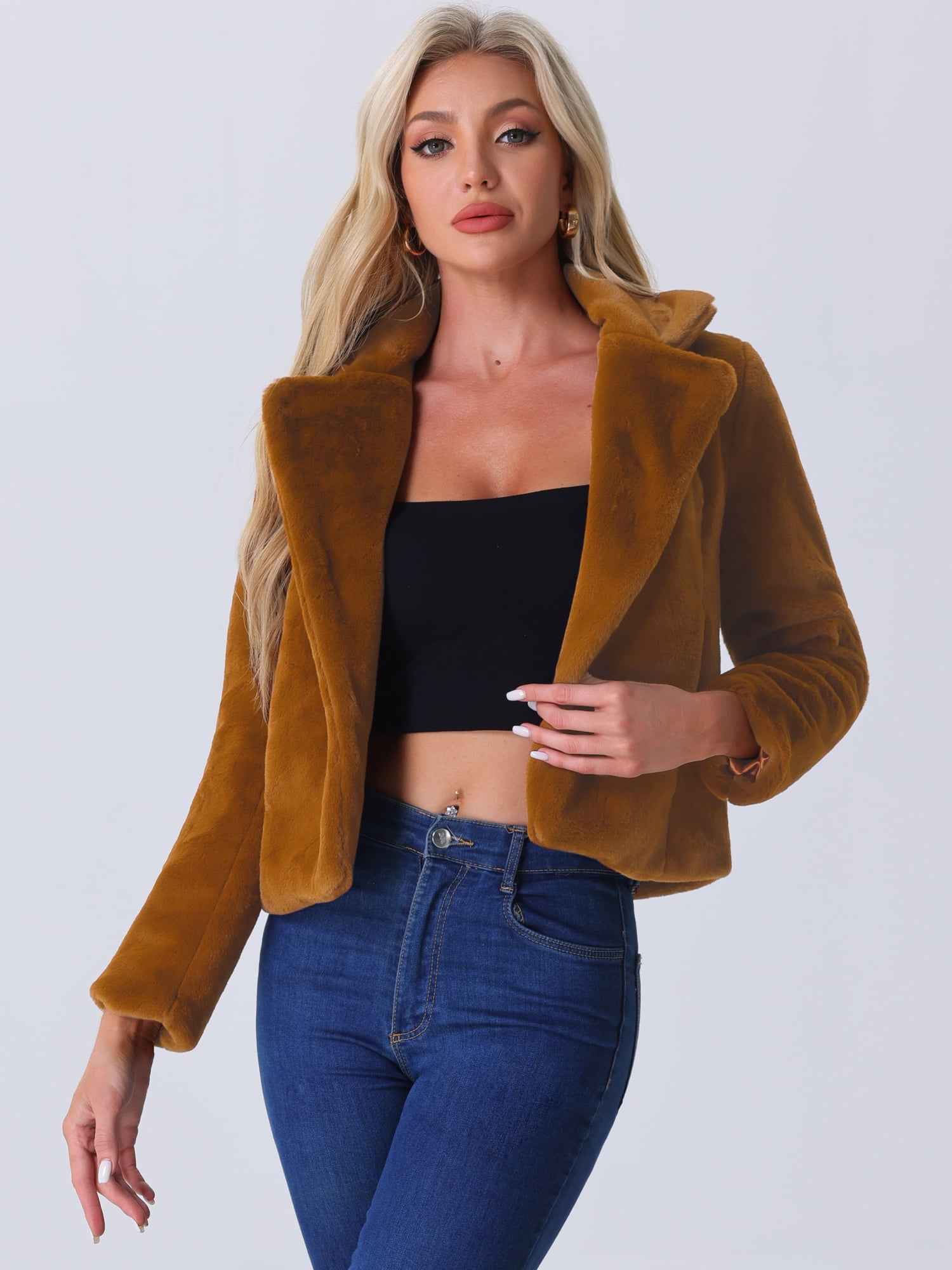 DARING DIVA Women's Cropped Notch Lapel Faux Fur Fluffy Coat M Brown