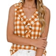 thumbnail image 2 of Mifsaly Womens Ruffle V Neck Tank Tops Plaid Sleeveless Blouse Elegant Flounce Trim Summer Shirts Lightweight Fashion Casual Loose Fit Tunic Top Orange,XXL, 2 of 5