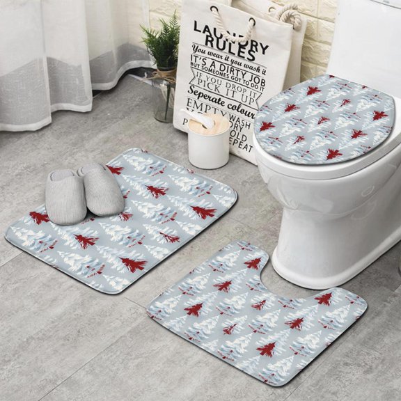 Light Blue Christmas Tree Pattern Bathroom Rugs Sets 3 Piece,Toilet Cover Set,Absorbent Non Slip Bathroom Mats Sets with U-Shaped Contour Rug Toilet Rug Set