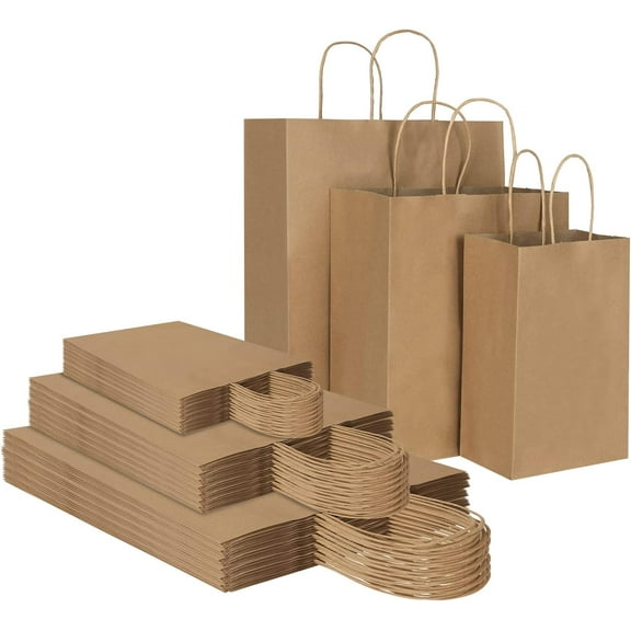 90 Pack Plain Brown Paper Bags with Handles Bulk 3 Different Sizes Gift Bags for Grocery Retail Party Birthday Shopping Business Gifts Crafts Merchandise Takeaway Bags