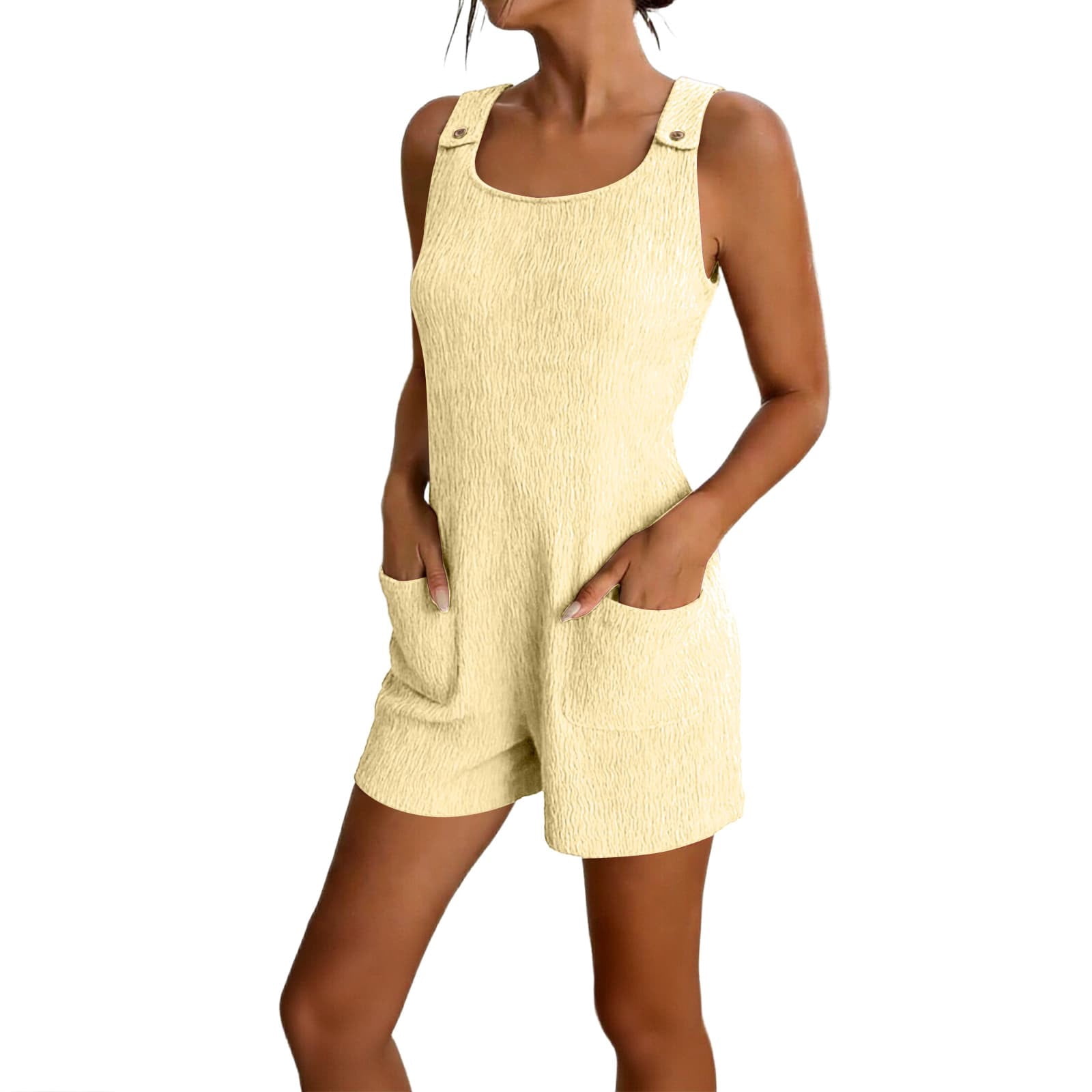 Feancey Women's Short Overalls Summer Sleeveless Loose Romper Shorts Lightweight Casual One Piece Jumpsuits with Pockets for Beach Vacation Yellow 3XL