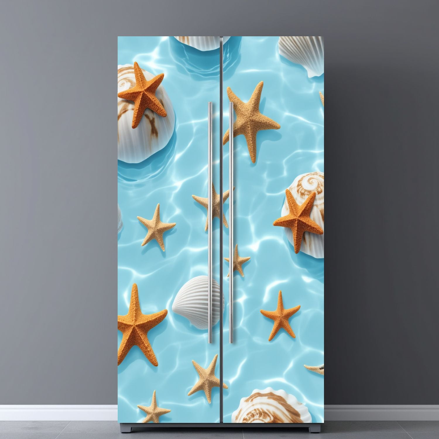 Self Adhesive Vinyl Refrigerator Wrap Set Ocean Shells Starfish Floating Water Door Mural Removable Fridge Sticker Peel and Stick&nbsp;Full Door Cover Decal Kitchen Bar Decor
