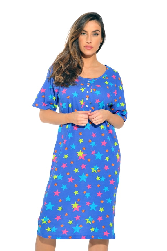 Women's Plus Star Print Round Neck Nightgown & Sleepshirt, Blue