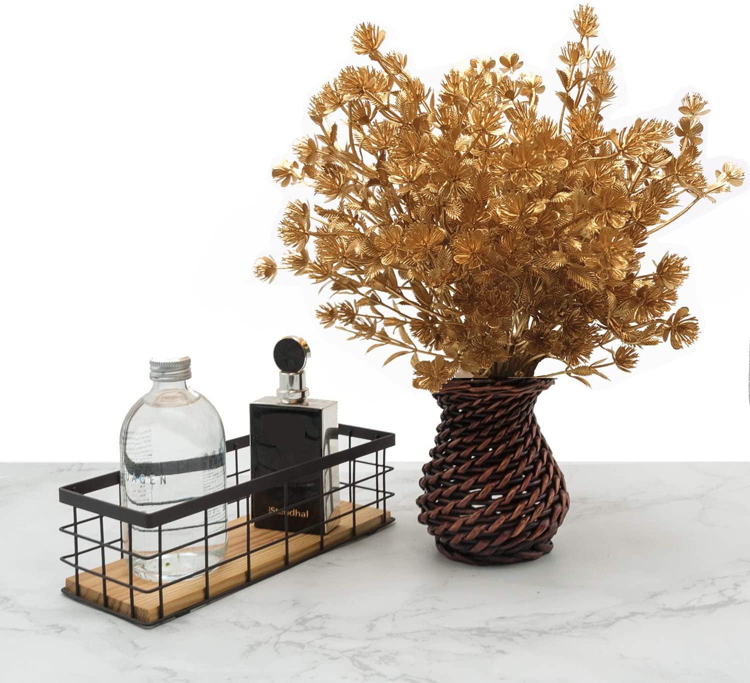 Morttic Artificial Golden Baby Breath Flowers, Plastic Fake Gypsophila Flower for Indoor Outdoor Christmas Wedding Home Party Table Arrangement Decoration DIY Planter Filler Gold Leaves Decor - 3 Pack