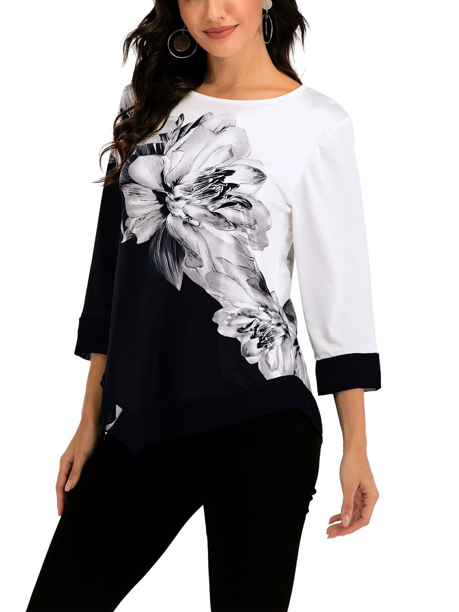 Women 3/4 Sleeve Casual Round Neck Loose Oversize Blouse Shirt Tops Oversize Top