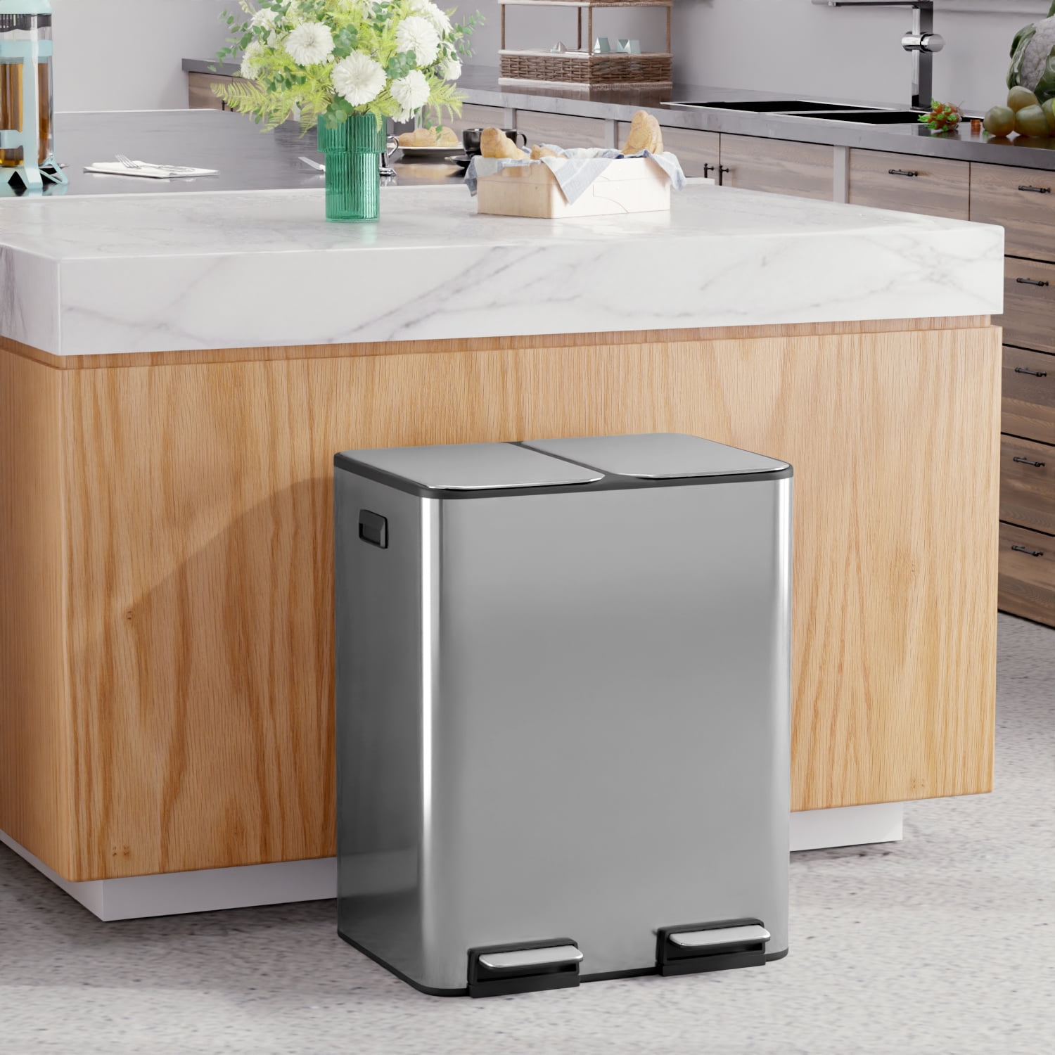 60 L Trash Can, 16 Gallon Dual Compartment Garbage Can, Pedal Recycling Bin, Stainless Steel Rectangular Recycle Dustbin, Silver