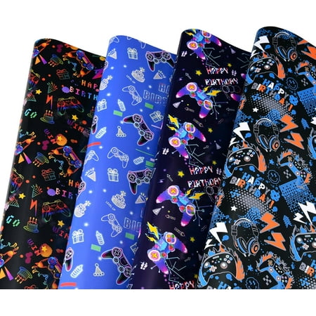 Gaming Birthday Wrapping Paper for Boys Girls, 6 Large Sheets Video Game Wrapping Paper for Game Lover, 39.4 x 27.6 Inches Per Sheet (Gaming)