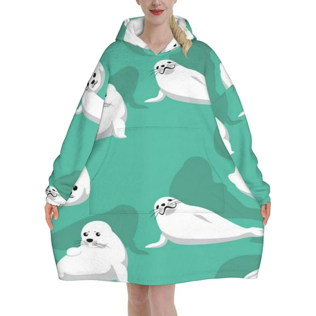 Cute Seal,Women's Oversized Wearable Blanket Hoodie, Blanket Sweatshirt,Flannel Pullover Blanket