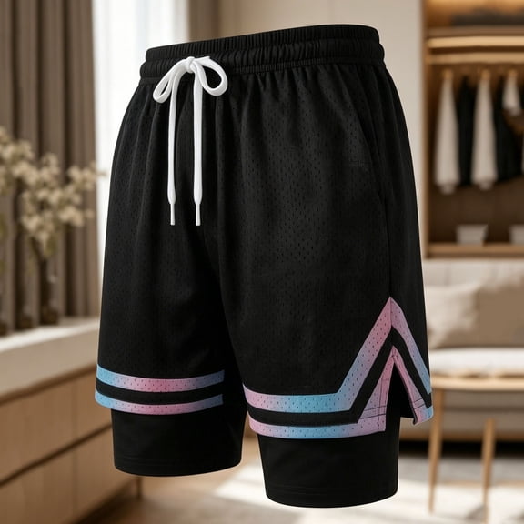 COSFO Striped Men's Athletic Shorts Mesh with Compression Lining Running Shorts Workout Elastic Waist Drawstring Relaxed Fit Basketball Shorts