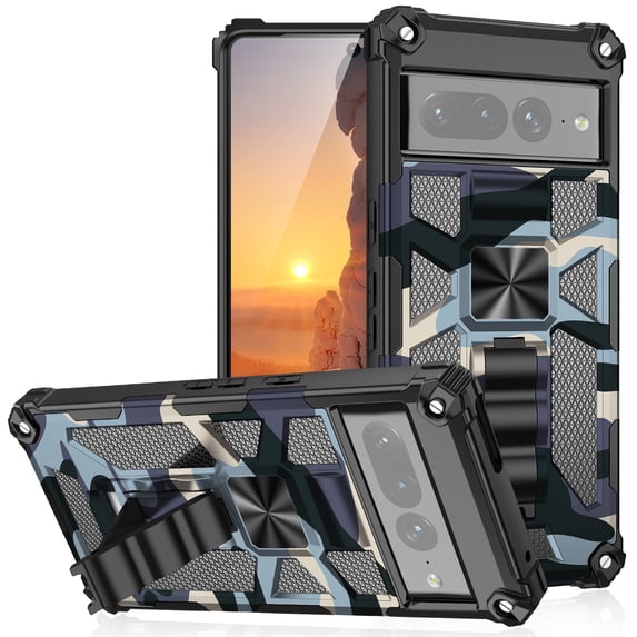 SaniMore for Google Pixel 6 Pro Case, Rugged PC & Soft TPU CD Magnetic Cover Built-in Car Mount & Multi-View Kickstand Camouflage Military Grade Shockproof Heavy Duty Protective Shell, Lightblue
