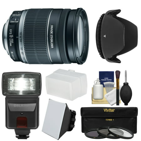 Canon EF-S 18-200mm f/3.5-5.6 IS Zoom Lens with Flash + 3 Filters + Diffusers + Hood + Kit for EOS 7D, 70D, Rebel T3, T3i, T5, T5i, SL1 DSLR