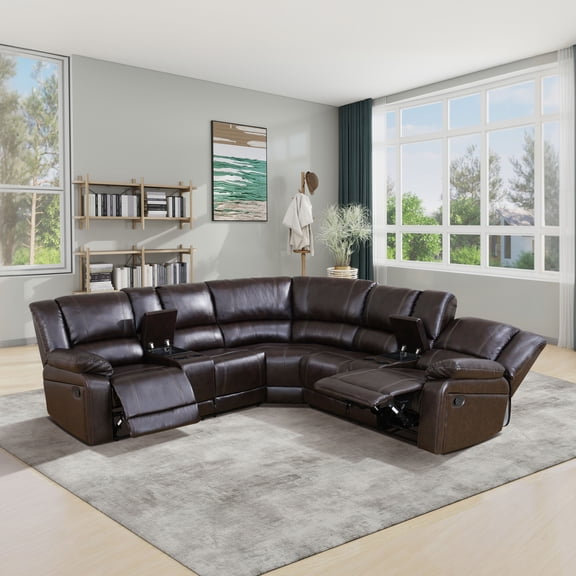 MAYEERTY 5-Seater Curved Recliner Sofa Set - Breathable Faux Leather Sofa with Storage for Living Room & Home Theater