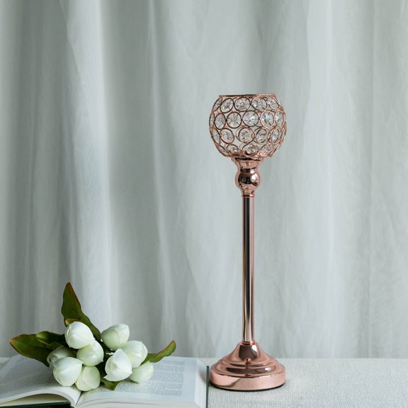 BalsaCircle 16" Faux Crystal Beaded Candle Holder Rose Gold