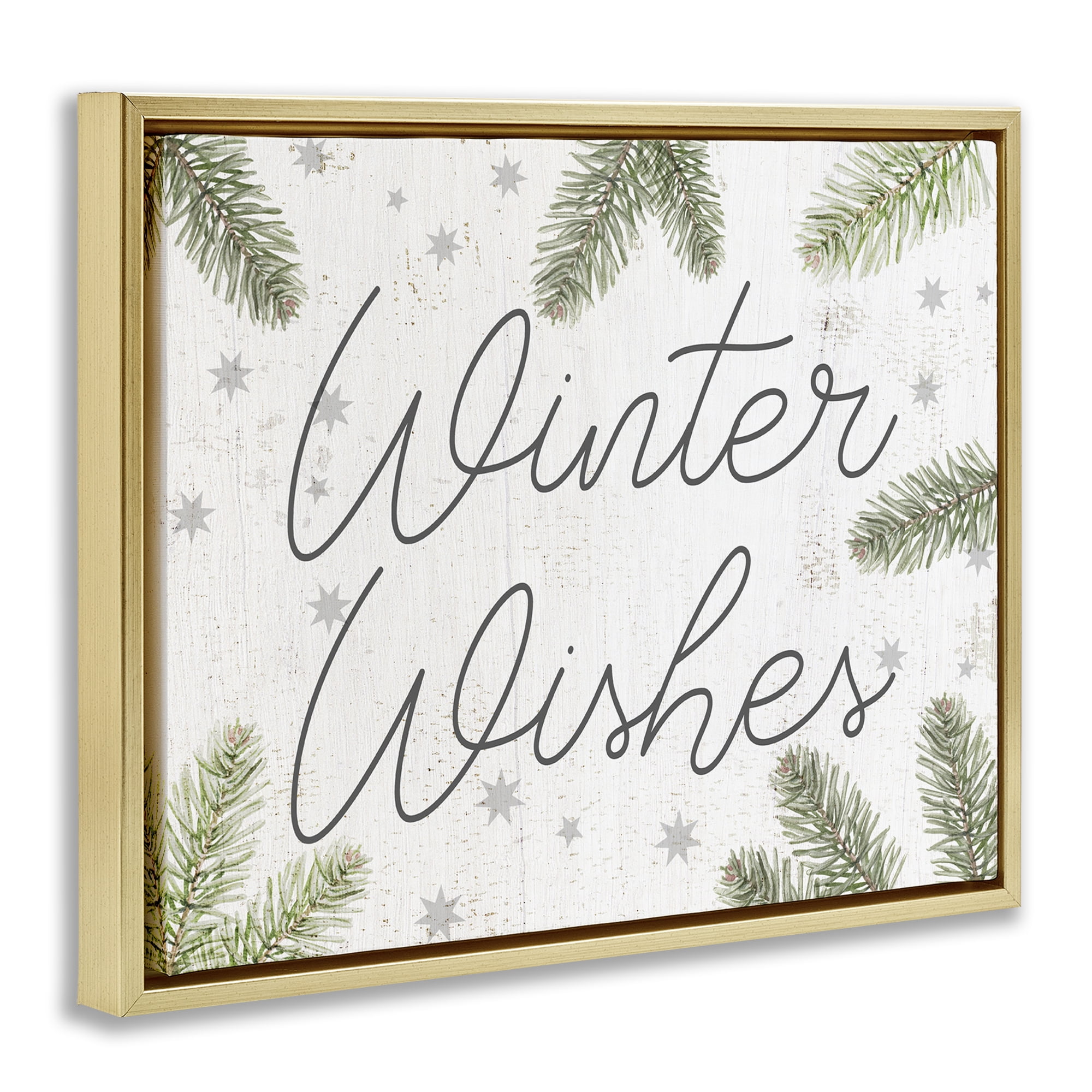 Stupell Industries Winter Wishes with Sprigs Holiday Painting Gold Floater Framed Canvas Art Prints Wall Art, 21 x 17