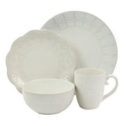Elama White Lace 16 Piece Round Scallop Stoneware Dinnerware Set in White