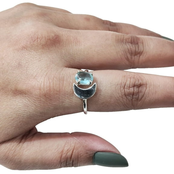 Natural Blue Topaz Ring, AAA Quality Blue Topaz Gemstone Ring, December Birthstone, Crescent Moon Adjustable Ring, Toe Ring, 925 Sterling Silver, Womens Ring, Christmas, Handmade Jewelry