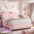 thumbnail image 2 of Homfa Queen Size Car Bed Frame with LED Wheels, Velvet Upholstered Platform Bed with Adjustable Headboard and Removable Pillows, Pink, 2 of 8