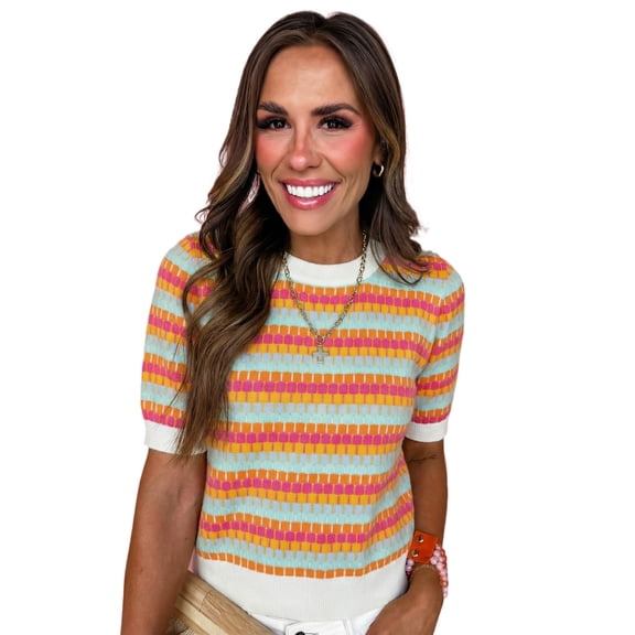 Women's Orange Abstract Striped Knit Sweater – Casual Short Sleeve Round Neck Summer Top, XL