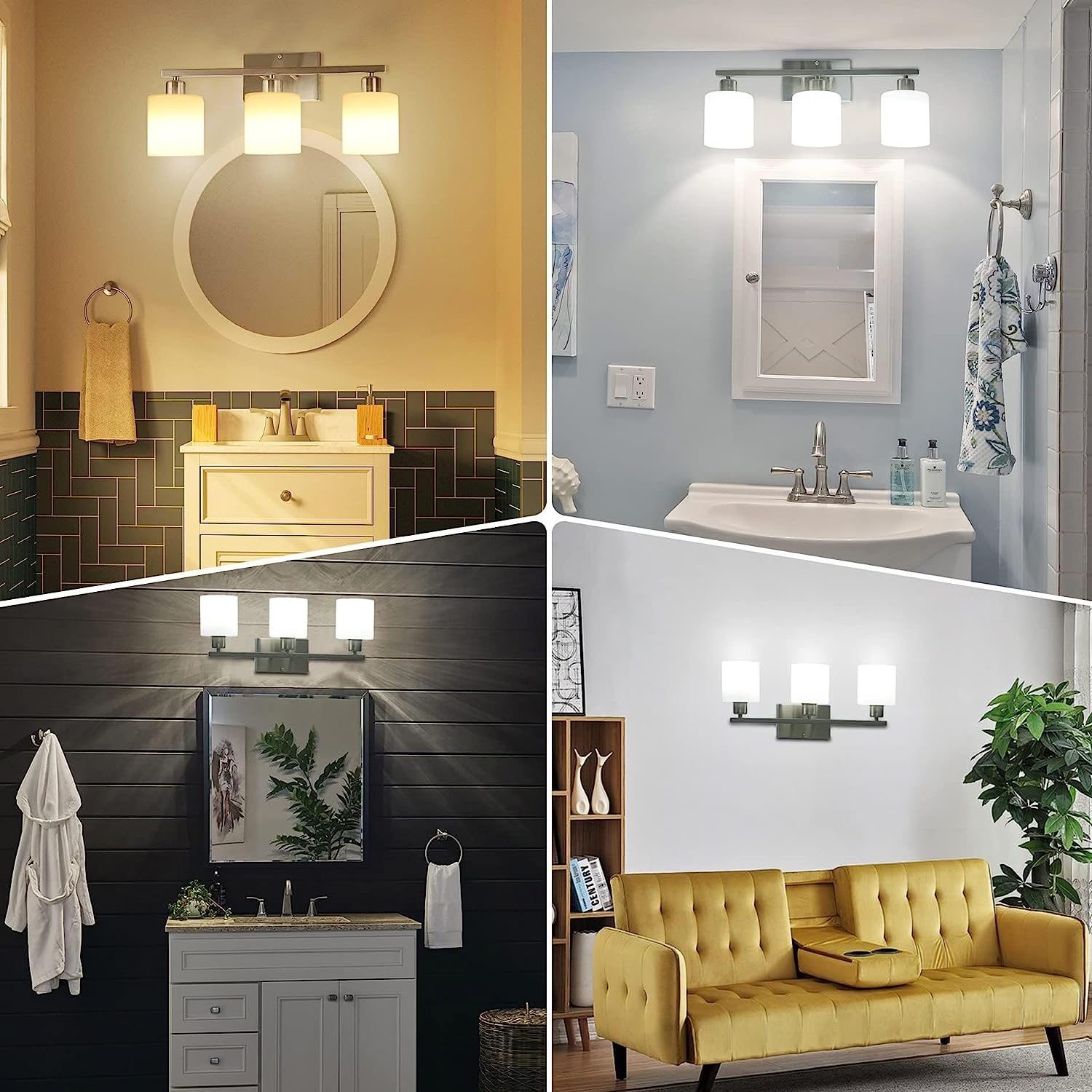 3-Light Bathroom Light Fixtures Over Mirror Brushed Nickel, Anti-Rust Bathroom Vanity Lights for Mirror, Bedroom, Modern Wall Sconces E26 Base, Milky White Glass Shades, Bulbs Not Included
