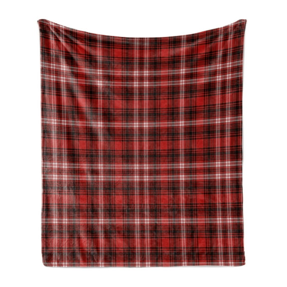 Plaid Soft Flannel Fleece Throw Blanket, Nostalgic Striped Pattern from British Country Constrasting Colors, Cozy Plush for Indoor and Outdoor Use, 50" x 60", Scarlet Black White, by Ambesonne