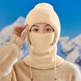 thumbnail image 4 of Women's Hooded Scarf Beanie Hat, Winter Ear Nose Warmer Mask, Fleece Lined Windproof Cap, All-in-One Neck Gaiter, Cold Weather Face Protection, Unisex Winter Set - Beige, 4 of 4