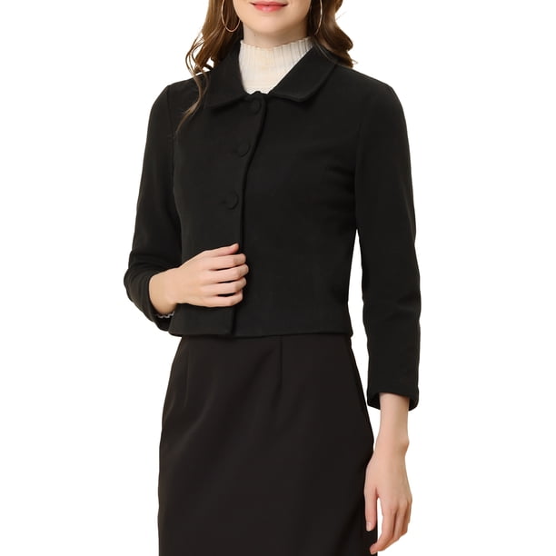 Abrigos cortos elegantes de botón para mujer Inspire Chic, color negro, con cuello de punta