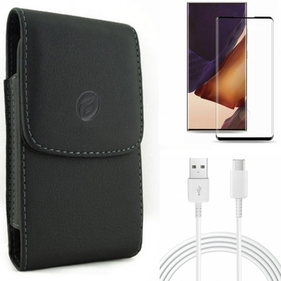 Case Belt Clip & 10ft USB-C Cable & Screen Protector for Samsung Galaxy Note 20 Ultra (6.9") - Combo with Leather Holster & Type-C Charger Cord & Tempered Glass (Fingerprint Unlock)