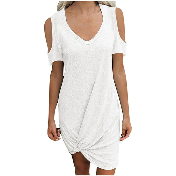 Women's Mini Loose Dress Cold Shoulder Sleeve Clothing Scoop Neck Solid Color Tops Side Knot Elegant Summer Dresses for Female White XXL Discount