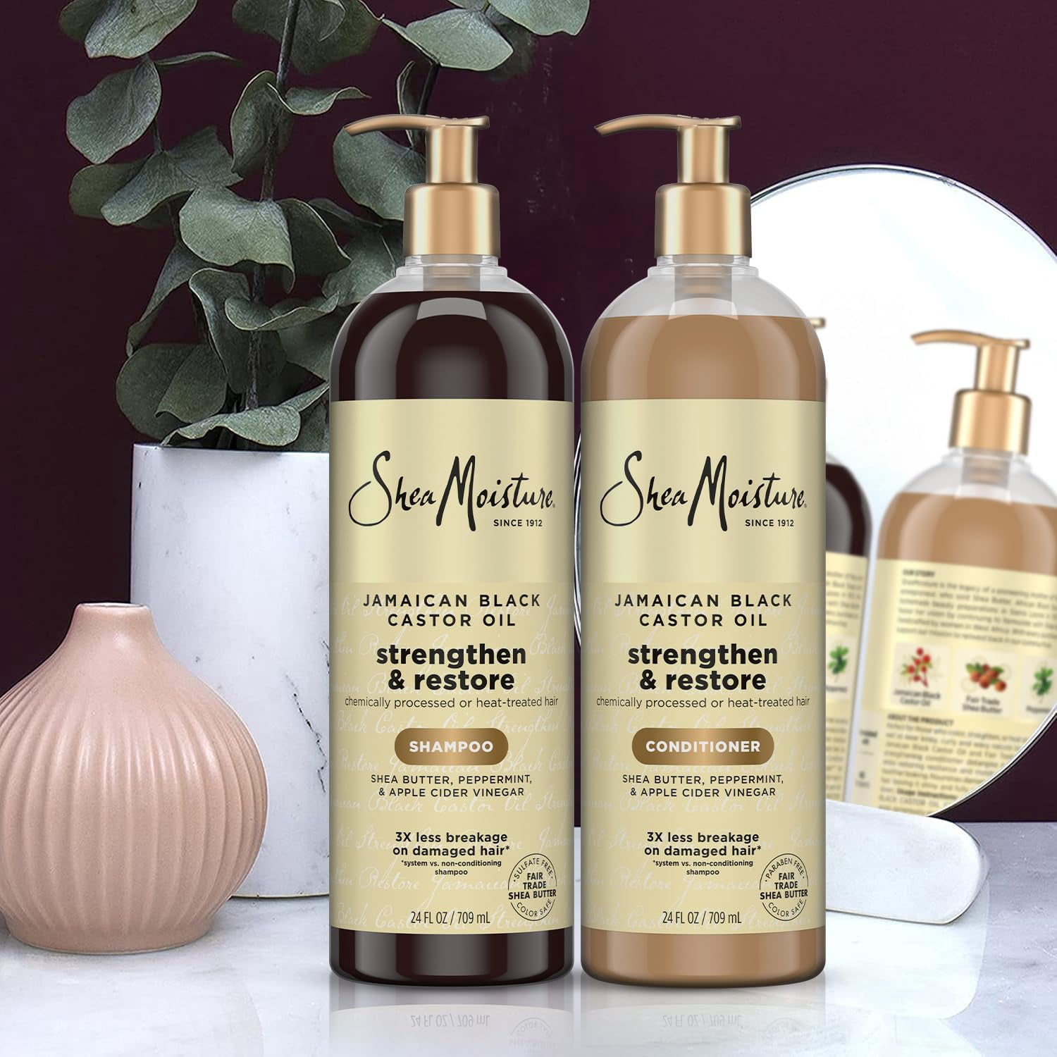 SheaMoisture Jamaican Black Castor Oil Strengthen & Restore Shampoo and Conditioner Set, 24 Oz Ea