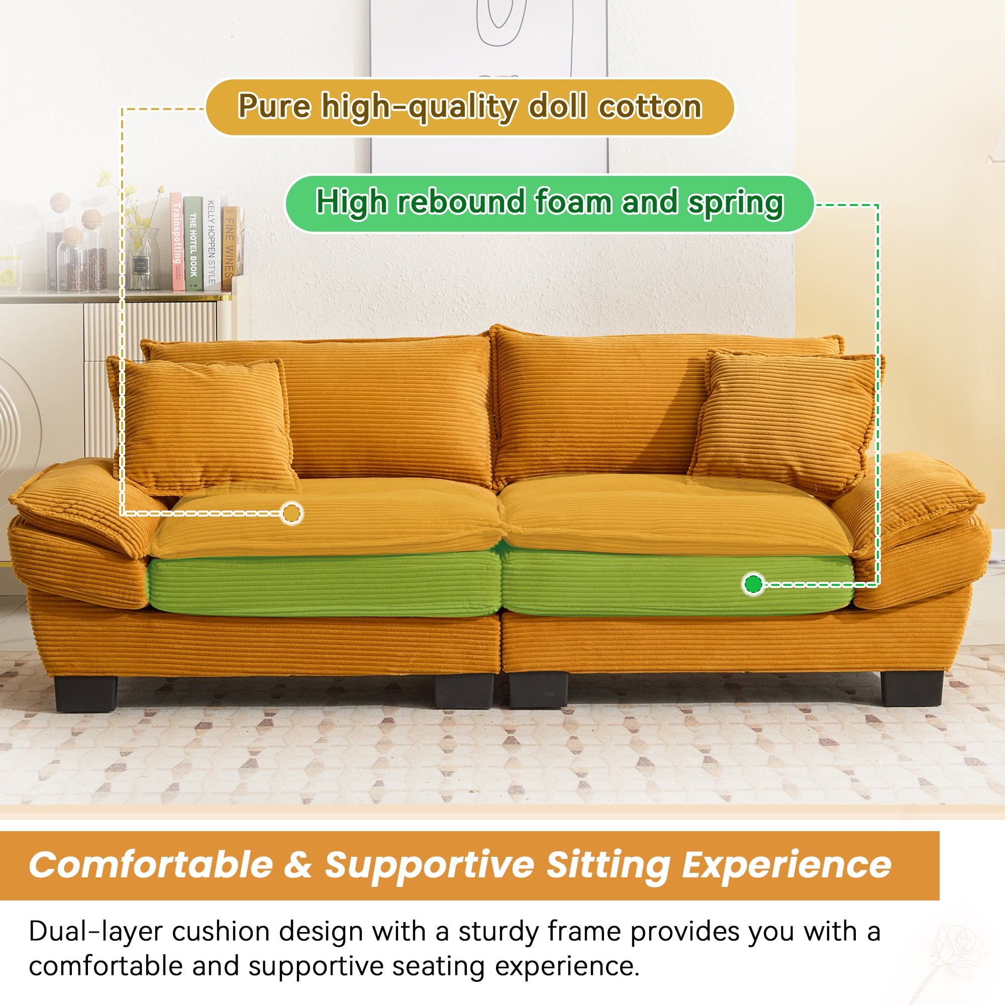 Dinosisco 84"L Deep Seat Sofa, Corduroy Upholstered Sleeper Couch for Living Room, Yellow