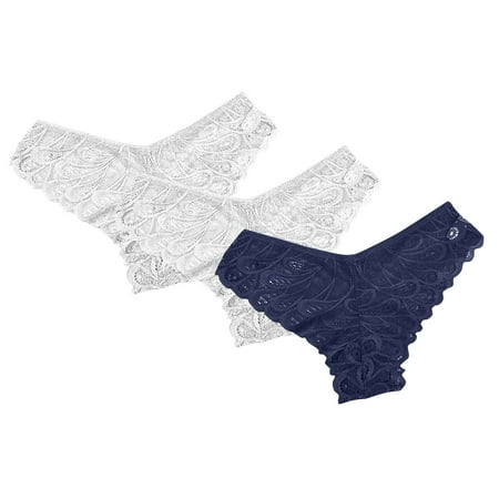 Scyoekwg Women s Underwear Bikinis Briefs Mid Waisted Breathable Ladies Panties Solid Color Hipster Panties V-Waisted Hip Wrap Triangular Lace Underwear Briefs Pack of 3(Dark Blue XL)