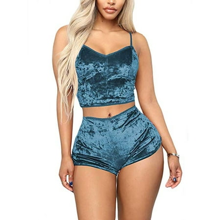 Women s Sexy Velvet Onesies Pajama Set for Women Babydoll Lingerie Satin Crop Top Camisole with Shorts Sleepwear