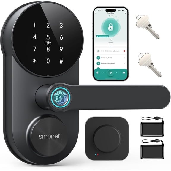 SMONET Smart WiFi Door Lock with Handle Keyless Entry Lock with Fingerprint for Front Door Anti-peep Keypad Compatible with Alexa BLACK