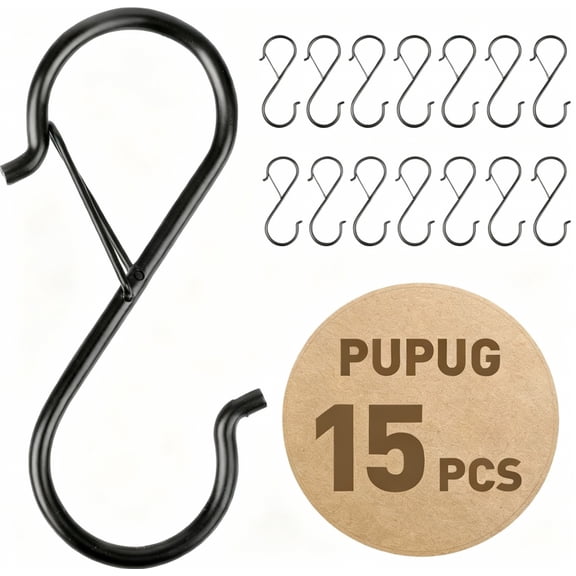 PUPUG  15 Pack Heavy Duty Metal 3.5" S Hooks with Safety Buckle for Hanging Kitchen Utensils Clothes, Hats
