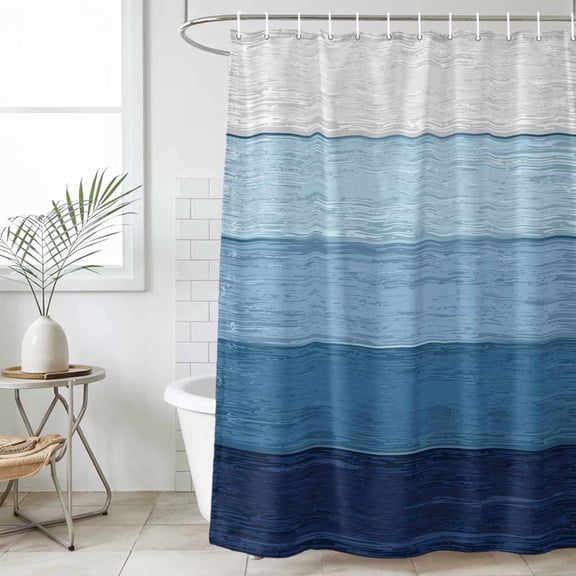 Blue Ombre Waterproof Shower Curtain, Large 72"x78" Washable Polyester Fabric Shower Curtains for Bathroom, Farmhouse Vintage Wooden Striped Decorative Bathtub Curtain Sets with Hooks