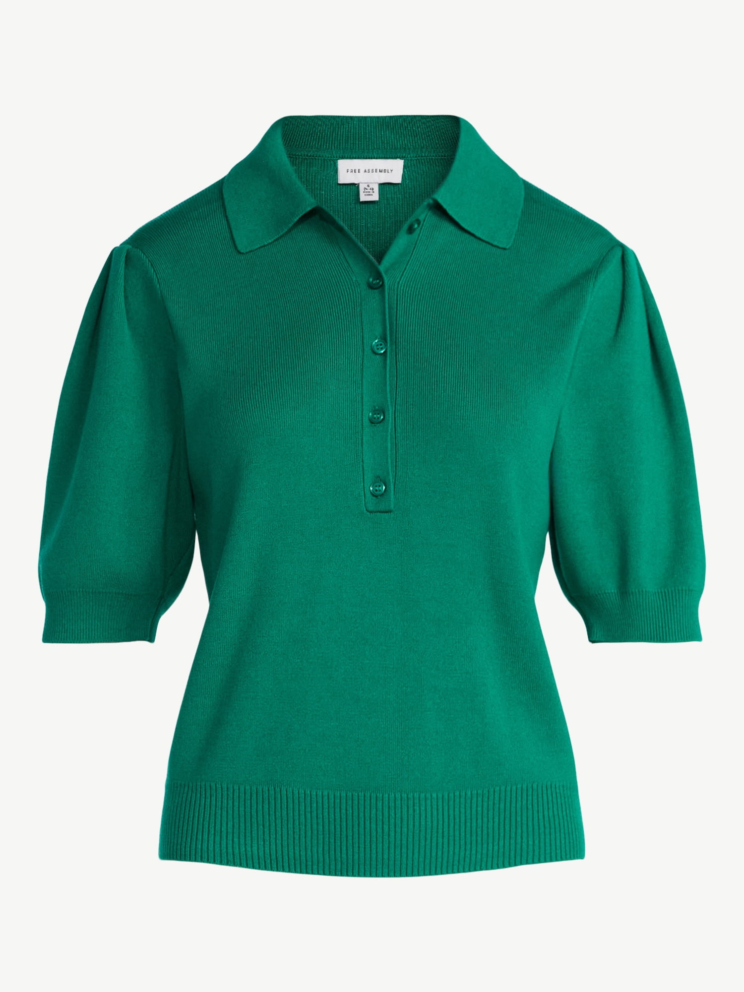 Free Assembly Women's and Women's Plus Collared Sweater Tee with Puff Sleeves, Lightweight, Sizes XS-4X