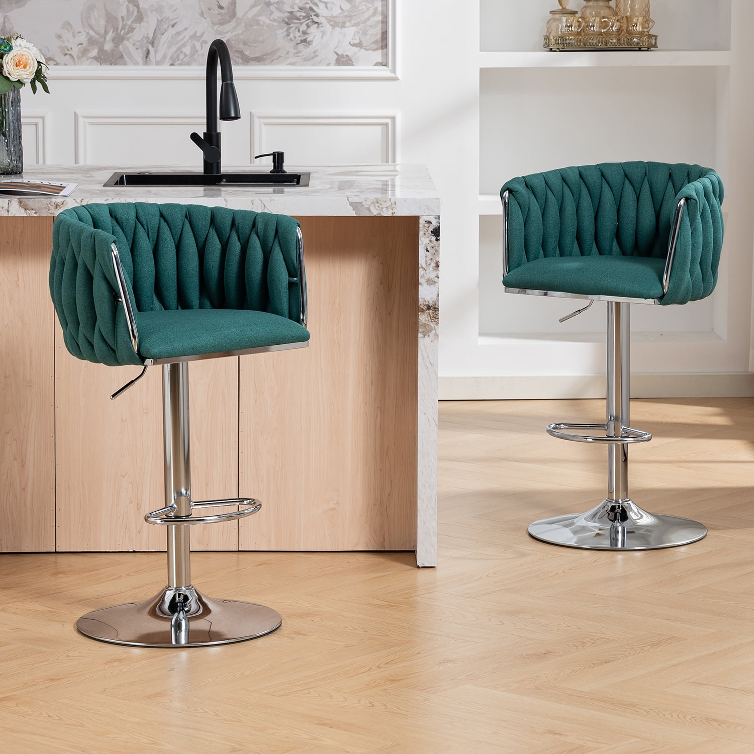 Swivel Bar Stool Set of 2, Adjustable Counter Height Chair with Woven Back and Footrest for Kitchen Cafe, Green